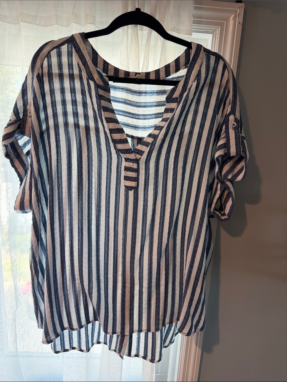 Jane and Delancey Navy & Tan Striped V-Neck Roll-Sleeve Tunic